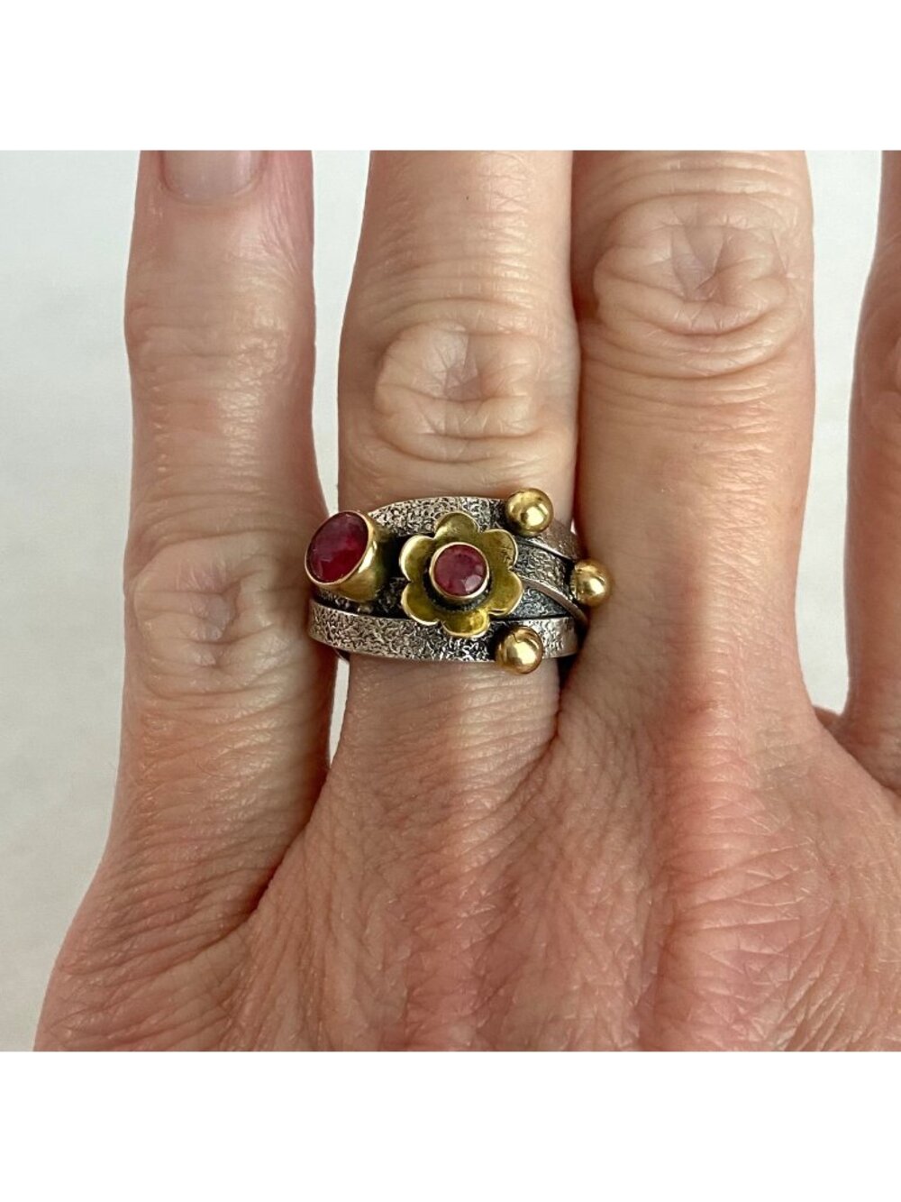 Sterling Silver 925 Two Tone Pink Spinel Flower Braided Textured Band Ring